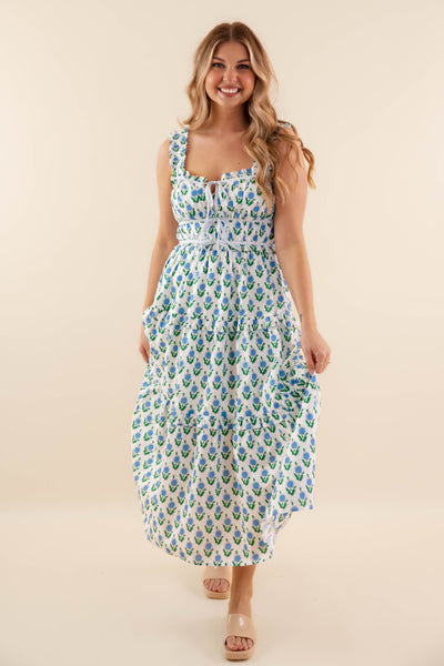 White Floral Smocked Midi Dress- Women's Blue Spring Dresses- Entro Floral Midi