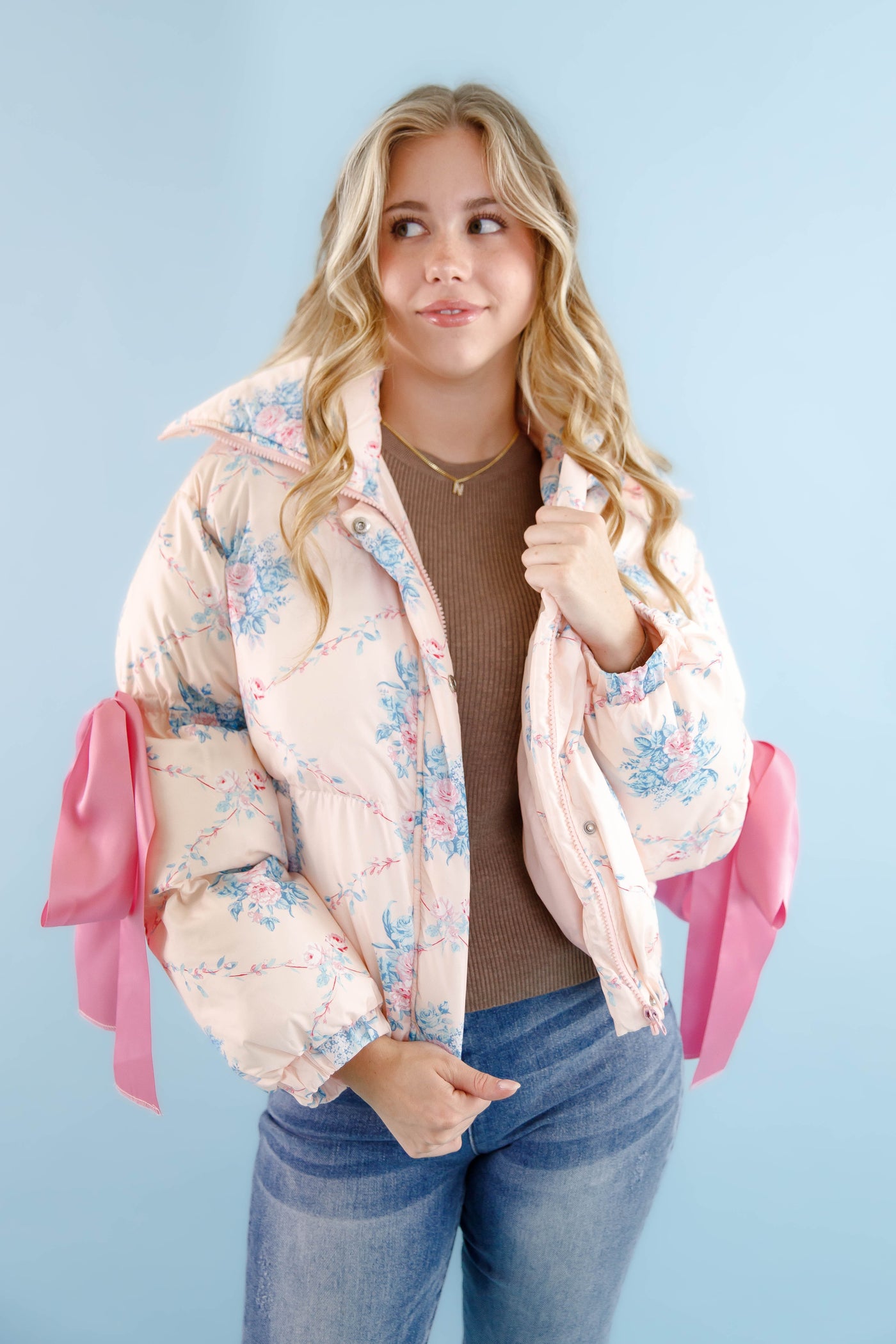 Floral Puffer Jacket- Women's Pink Bow Puffer Jacket- TCEC Pink Puffer Jacket