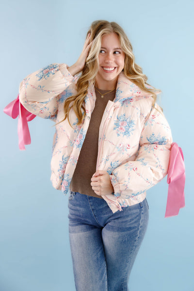 Floral Puffer Jacket- Women's Pink Bow Puffer Jacket- TCEC Pink Puffer Jacket