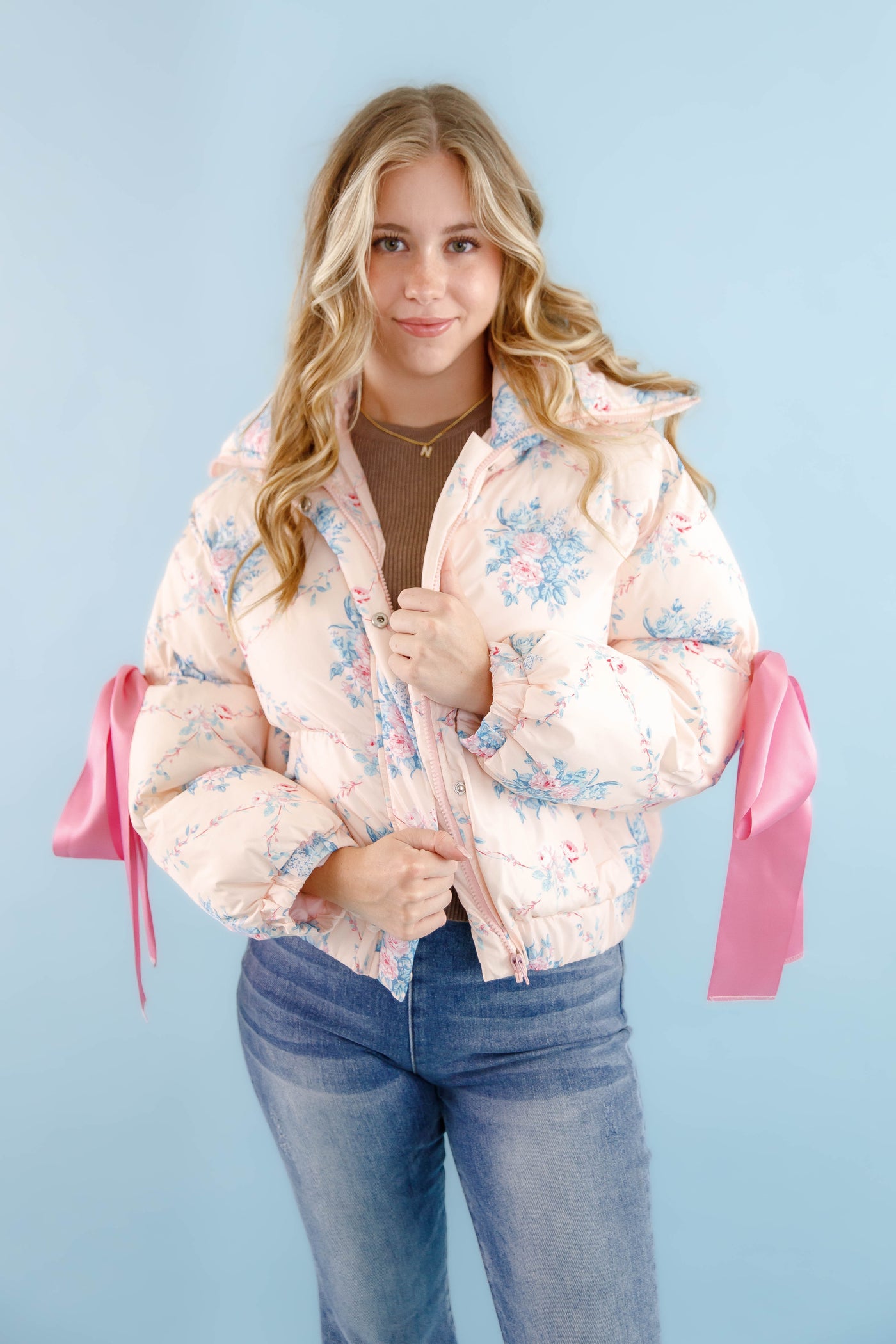 Floral Puffer Jacket- Women's Pink Bow Puffer Jacket- TCEC Pink Puffer Jacket