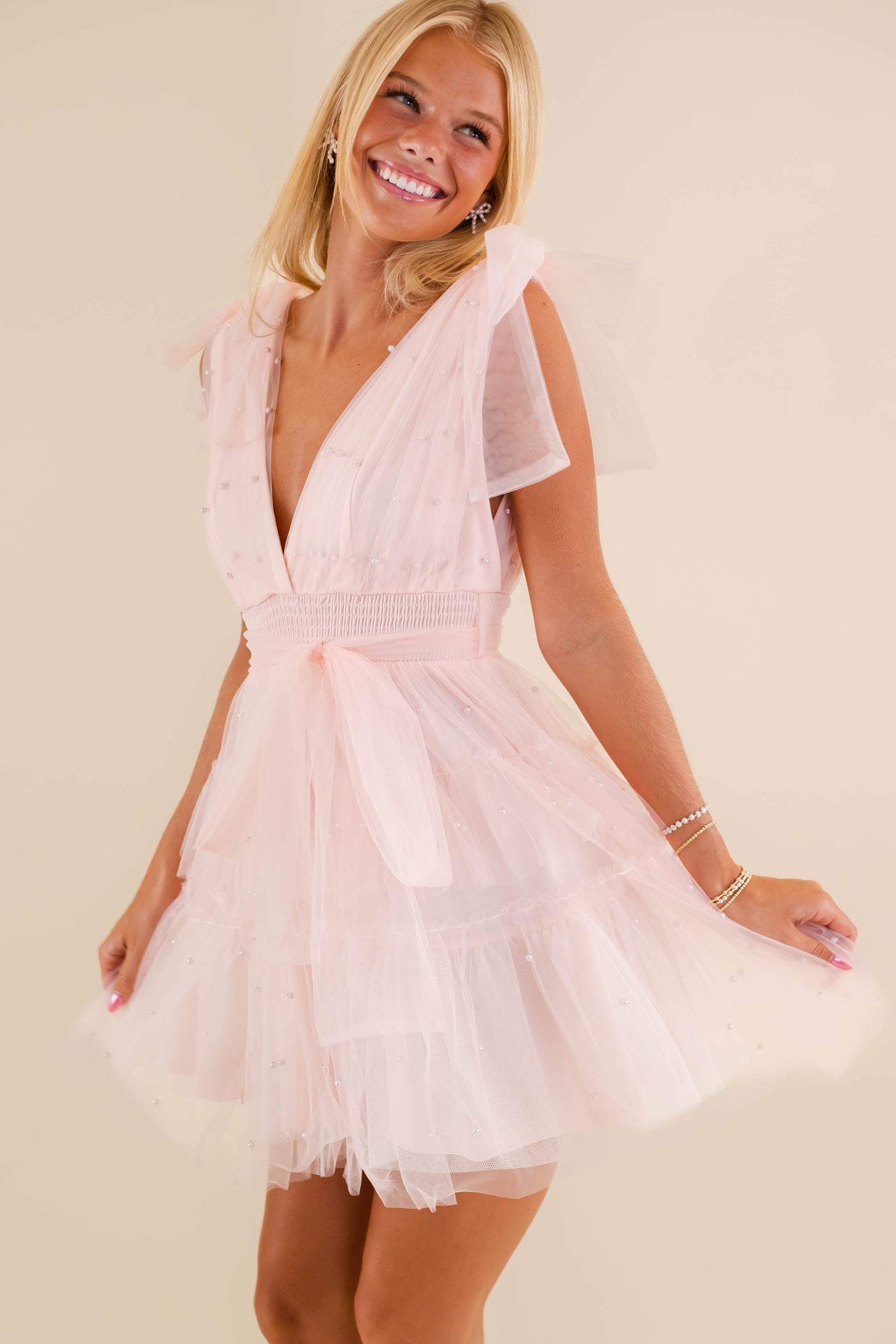 Blush Pearl Tulle Mini Dress- Bridal Tulle Pearl Dress- Women's Party Dress