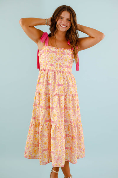 Pink Multi Print Tiered Dress- Women's Sun Print Midi- Fore Midi Dress