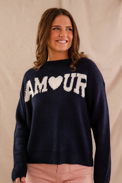 Navy Amour Sweater- Women's Heart Sweater- Women's Graphic Sweaters