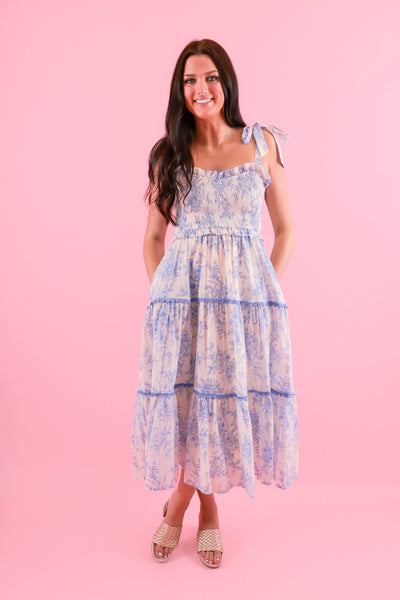 Light Blue Floral Tiered Midi Dress- &Merci Midi Dress