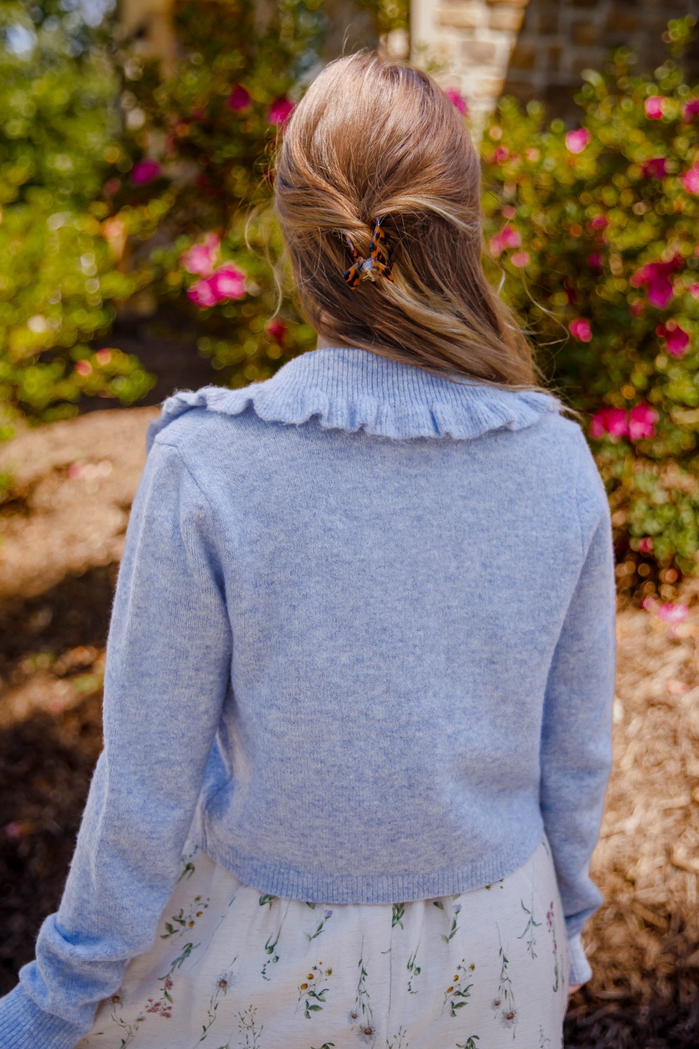 Ruffled Collar Cardigan- Light Blue Cardigan with Ruffle Collar - Mable Classic Cardigan