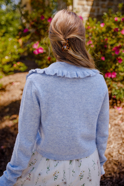 Ruffled Collar Cardigan- Light Blue Cardigan with Ruffle Collar - Mable Classic Cardigan