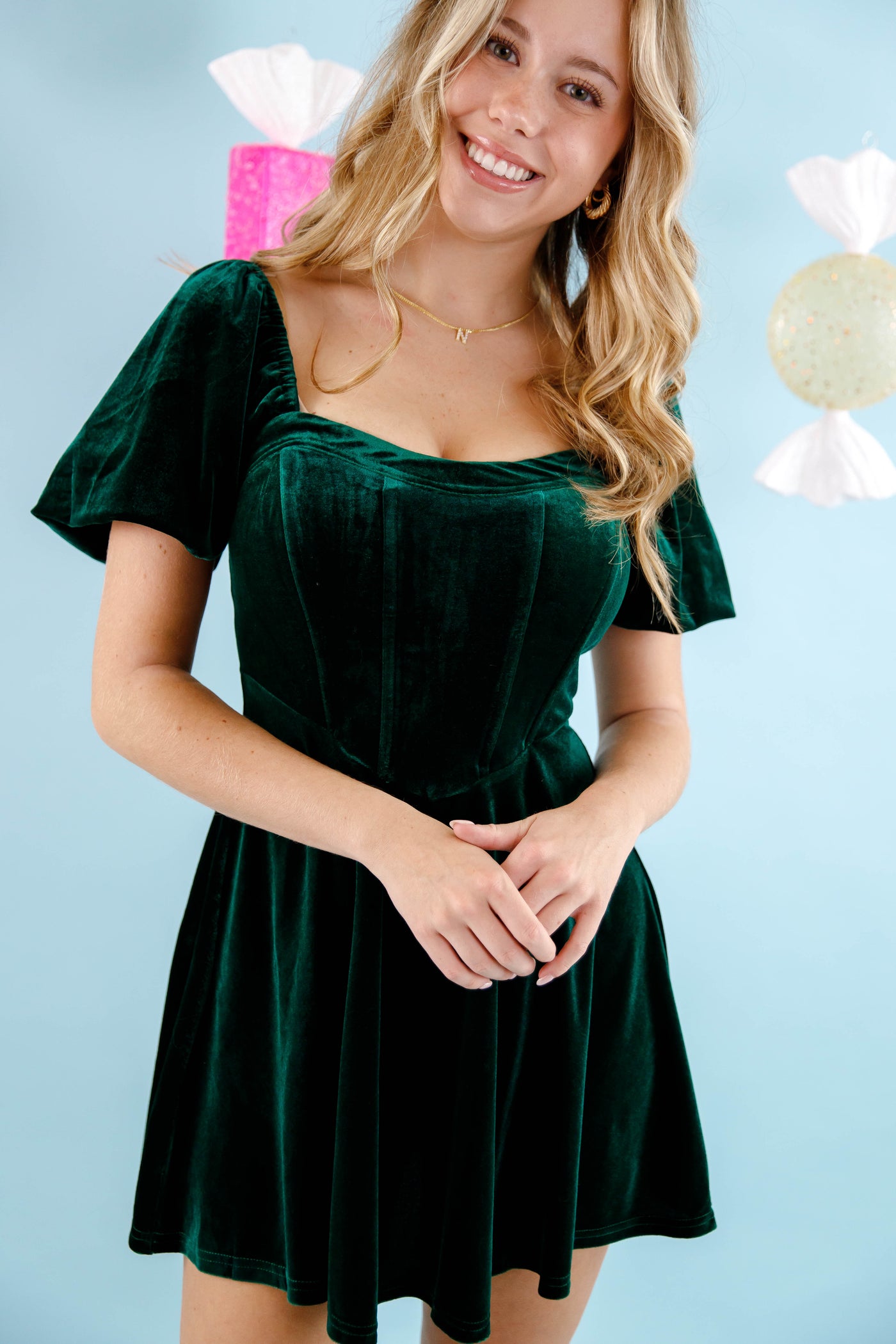 Emerald Green Velvet Mini Dress- Women's Corset Style Dress- Women's Holiday Dresses