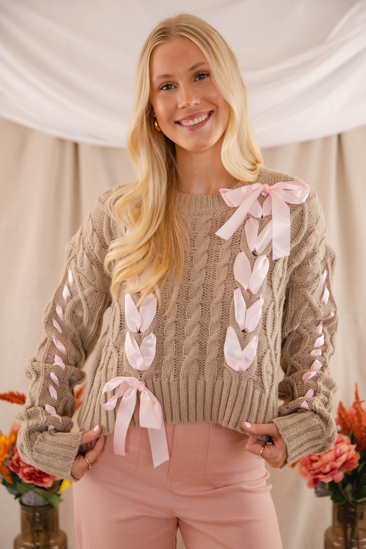 Women's Cute Bow Sweater- Cropped Ribbon Cable Knit Sweater- LoveShack Ribbon Sweater