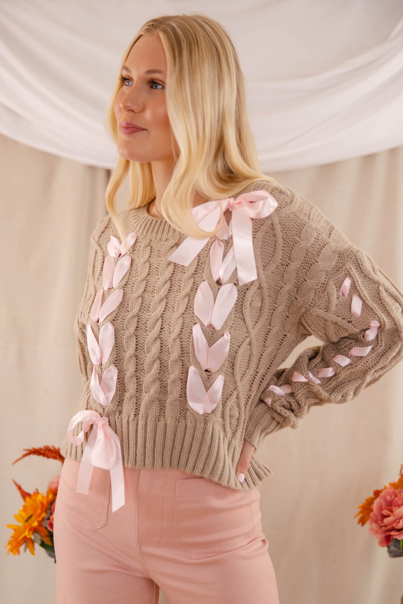 Women's Cute Bow Sweater- Cropped Ribbon Cable Knit Sweater- LoveShack Ribbon Sweater