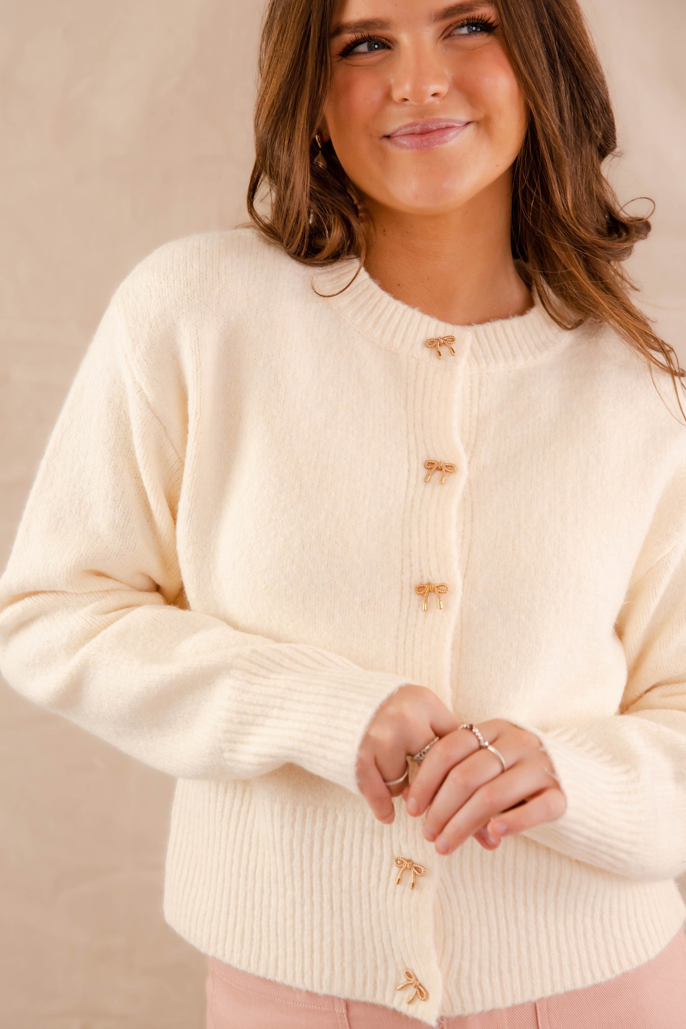 Women's Classic Ivory Cardigan- Women's Gold Bow Button Cardigan