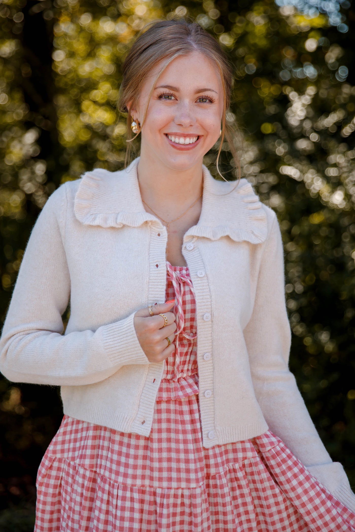 Ruffled Collar Cardigan- Beige Cardigan with Ruffle Collar - Mable Classic Cardigan