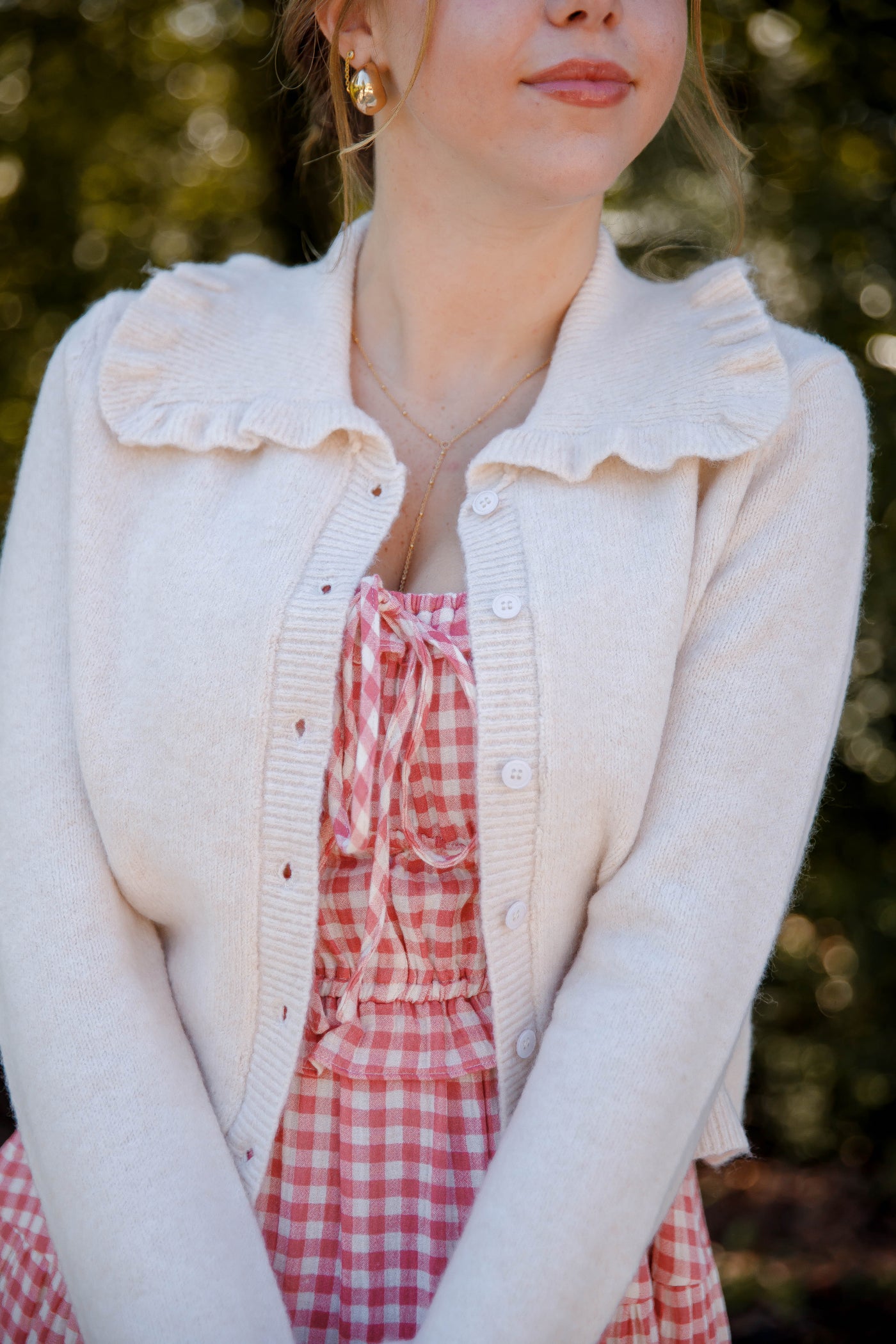 Ruffled Collar Cardigan- Beige Cardigan with Ruffle Collar - Mable Classic Cardigan