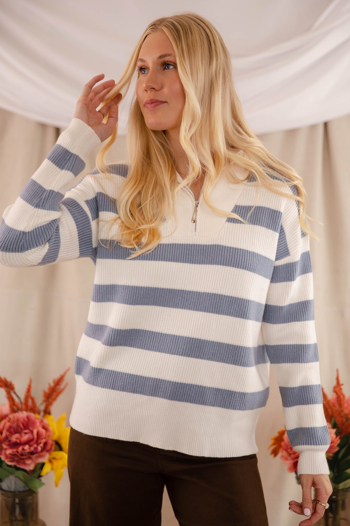 Striped Oversized Quarter Zip Sweater- Women's Preppy Sweaters- Women's Quarter Zip Knit