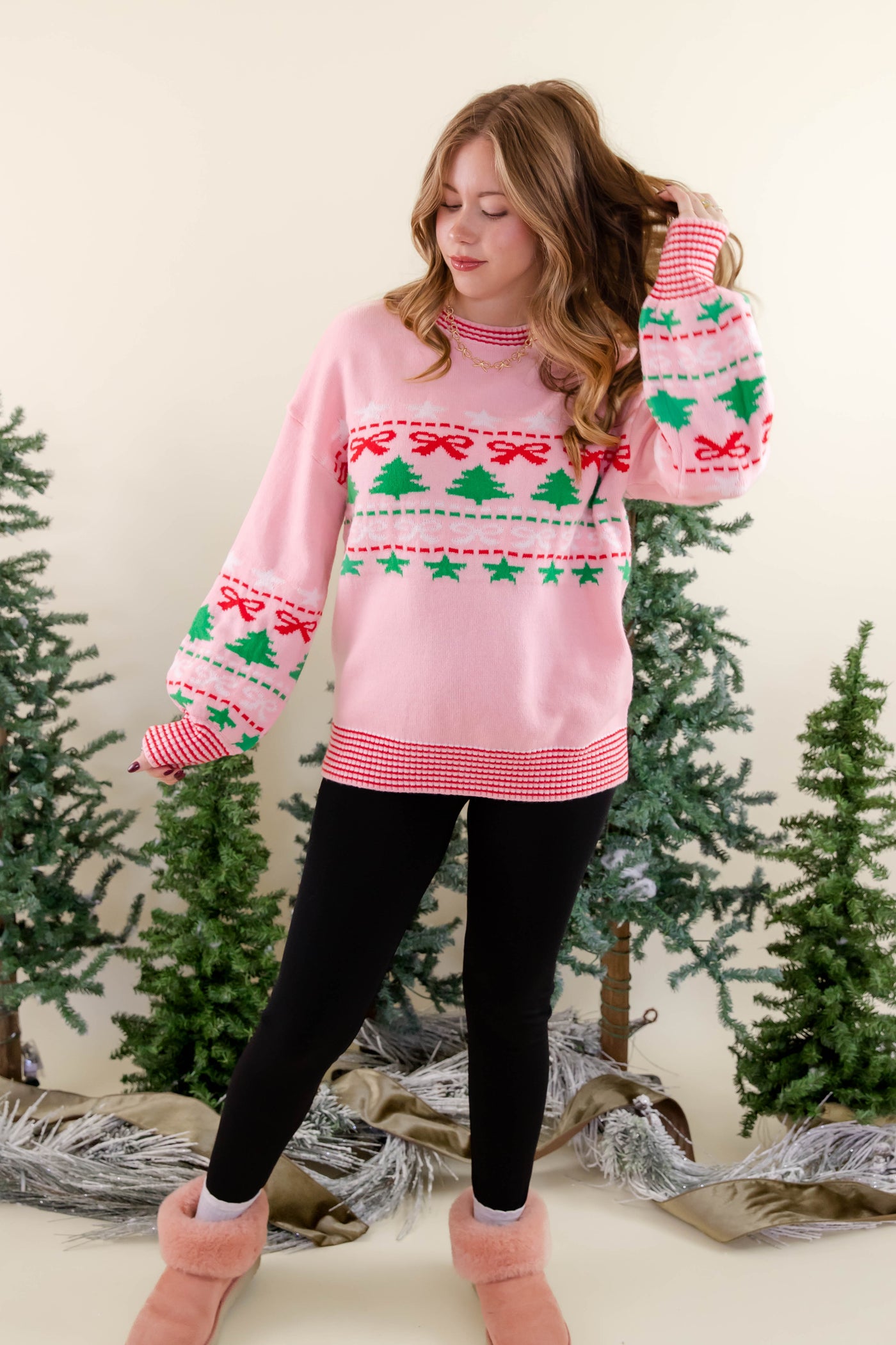 Festive Ribbed Sweater- Christmas Tree Bow Sweater- Women's Preppy Christmas Sweaters