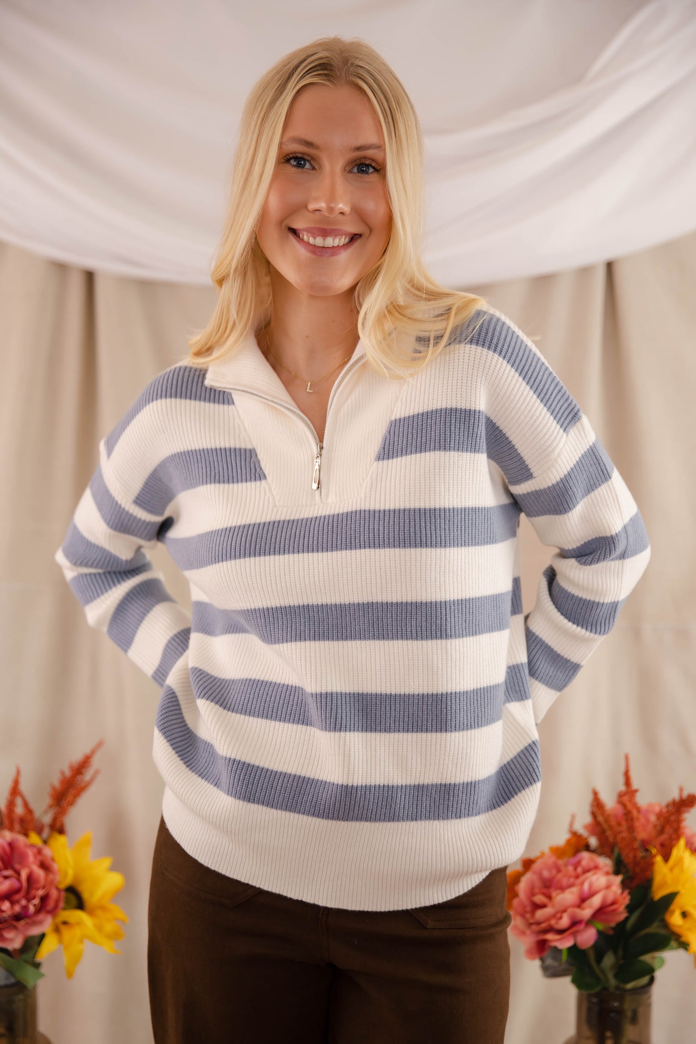 Striped Oversized Quarter Zip Sweater- Women's Preppy Sweaters- Women's Quarter Zip Knit