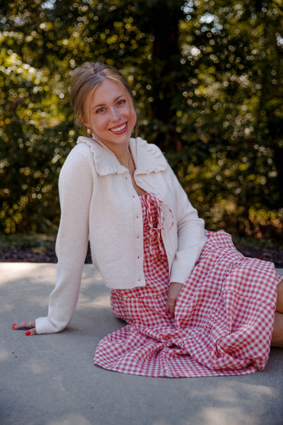 Ruffled Collar Cardigan- Beige Cardigan with Ruffle Collar - Mable Classic Cardigan
