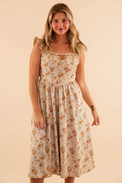 Floral Corduroy Dress With Bow And Ruffles- Feminine Maxi Dress for Women- Rosie Posie Dresses