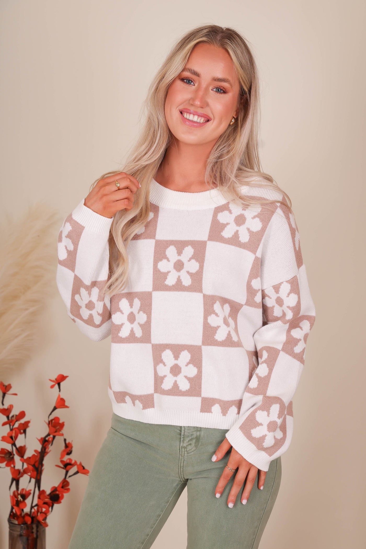 Women's Trendy Check Sweater- Checkered Flower Sweater- Miracle Sweaters