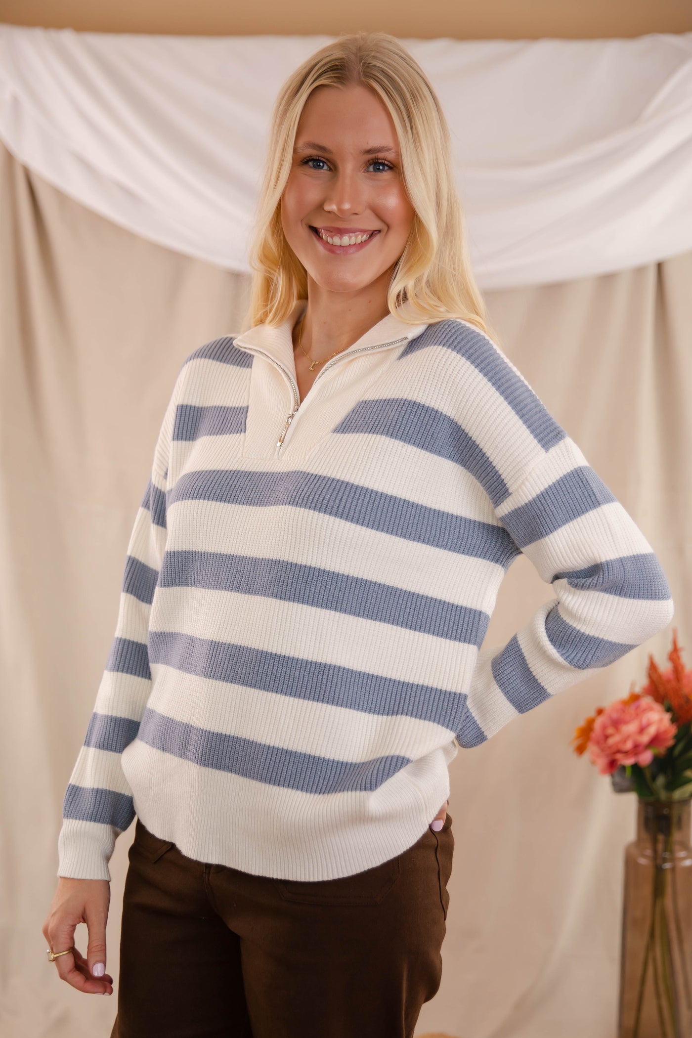 Striped Oversized Quarter Zip Sweater- Women's Preppy Sweaters- Women's Quarter Zip Knit