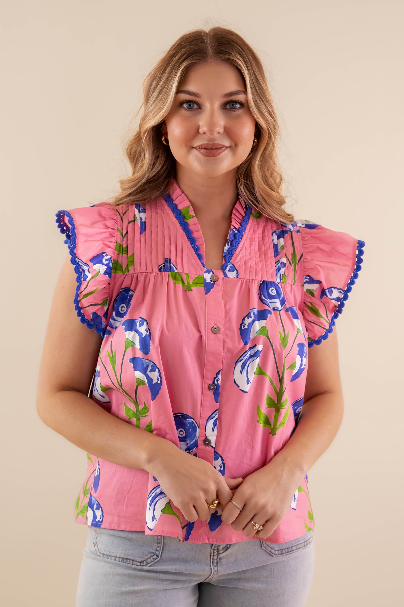 Floral Print Ruffle Sleeve Blouse- Blue and Pink Ruffle Top- Women's Spring Tops