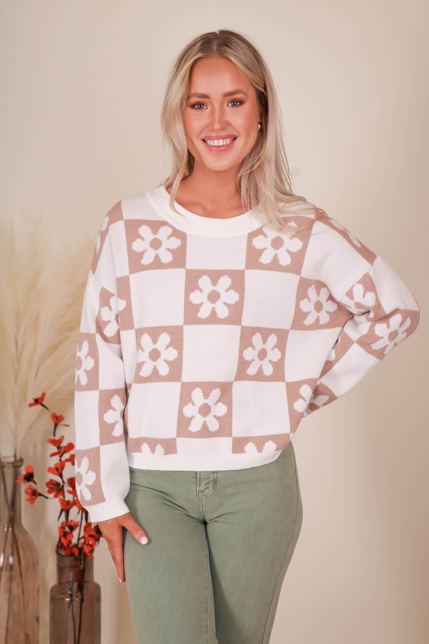 Women's Trendy Check Sweater- Checkered Flower Sweater- Miracle Sweaters