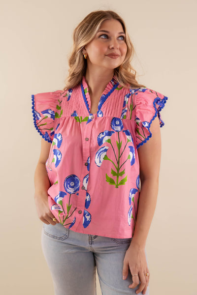 Floral Print Ruffle Sleeve Blouse- Blue and Pink Ruffle Top- Women's Spring Tops