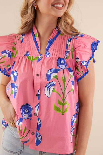 Floral Print Ruffle Sleeve Blouse- Blue and Pink Ruffle Top- Women's Spring Tops