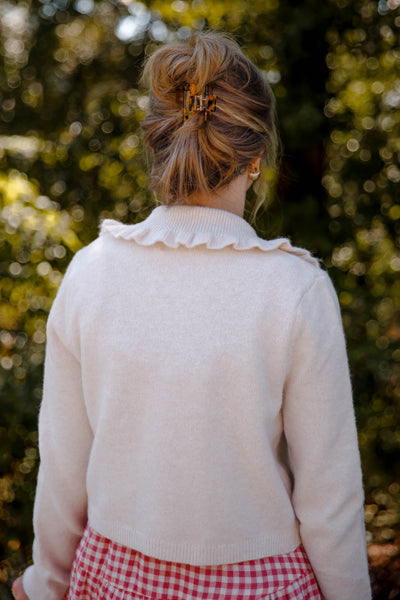 Ruffled Collar Cardigan- Beige Cardigan with Ruffle Collar - Mable Classic Cardigan