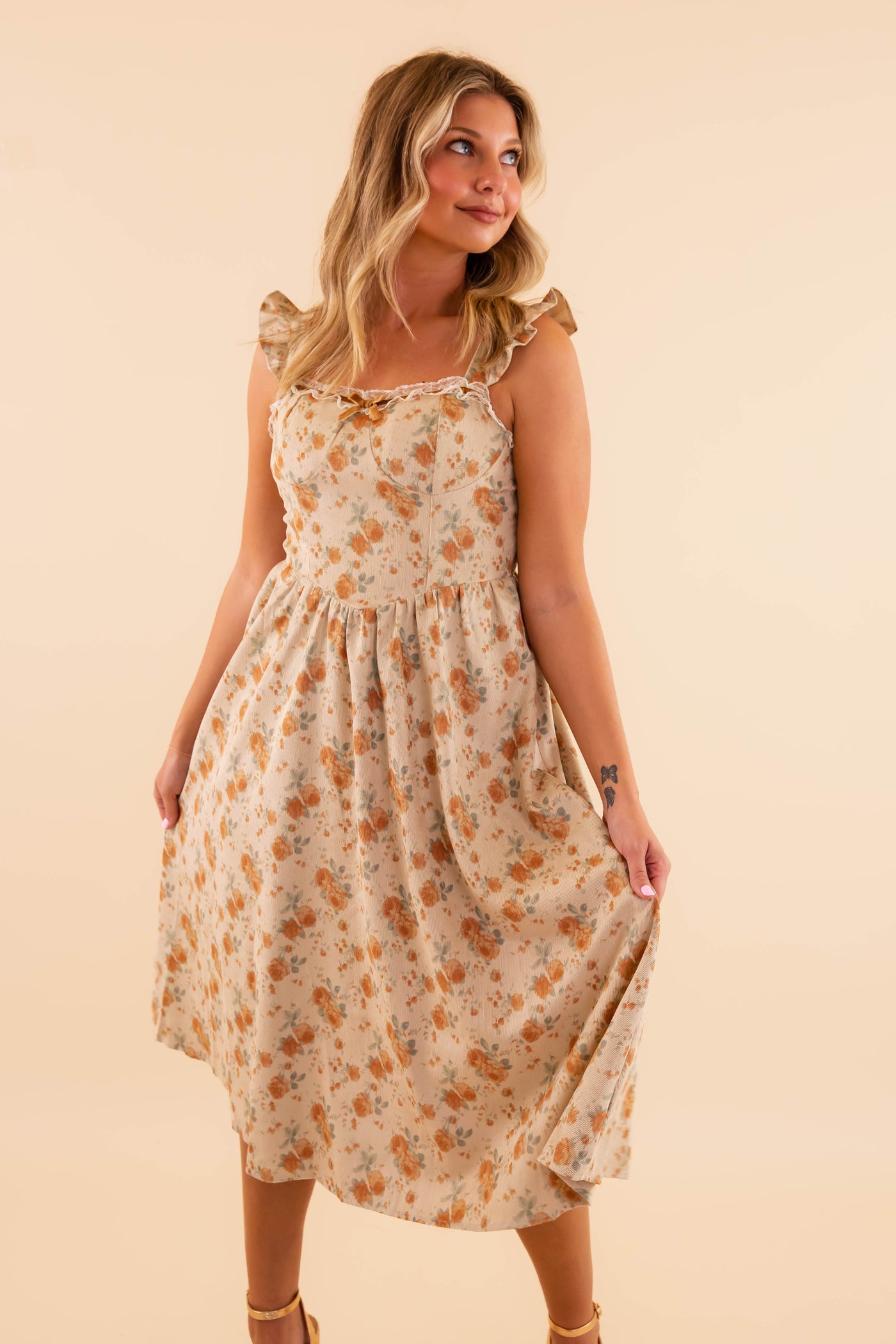 Floral Corduroy Dress With Bow And Ruffles- Feminine Maxi Dress for Women- Rosie Posie Dresses