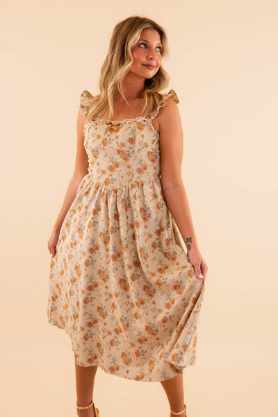 Floral Corduroy Dress With Bow And Ruffles- Feminine Maxi Dress for Women- Rosie Posie Dresses