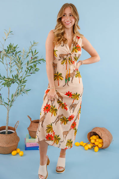 Women's Chic Safari Dress- Cheetah and Palm Tree Dress- En Creme Cheetah Dress