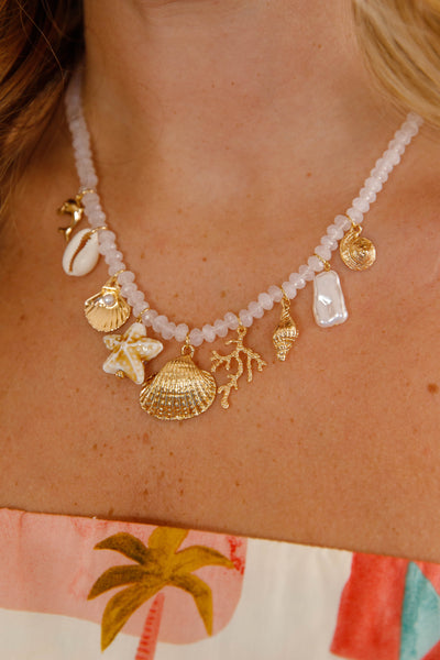 Women's Seashell Beaded Charm Necklace- Coastal Summer Jewelry