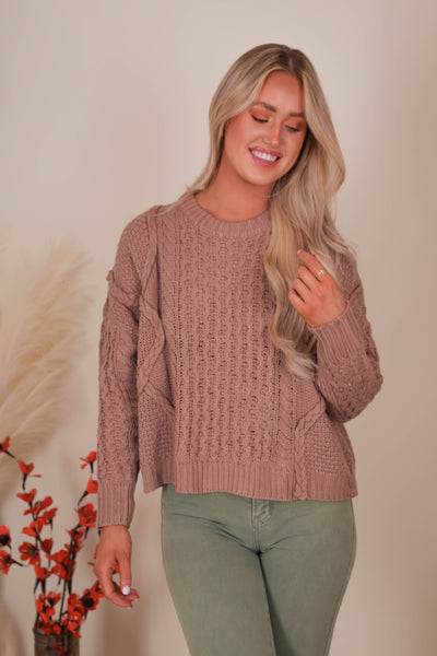 Women's Brown Cable Knit Sweater- Women's Cozy Fall Sweaters- &Merci Sweaters