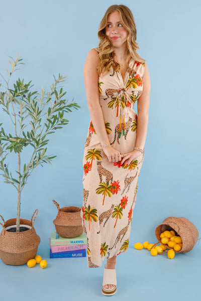 Women's Chic Safari Dress- Cheetah and Palm Tree Dress- En Creme Cheetah Dress