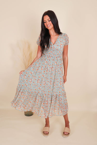 Floral Print Midi Dress- Women's Cottagecore Dresses- Women's Conservative Dresses