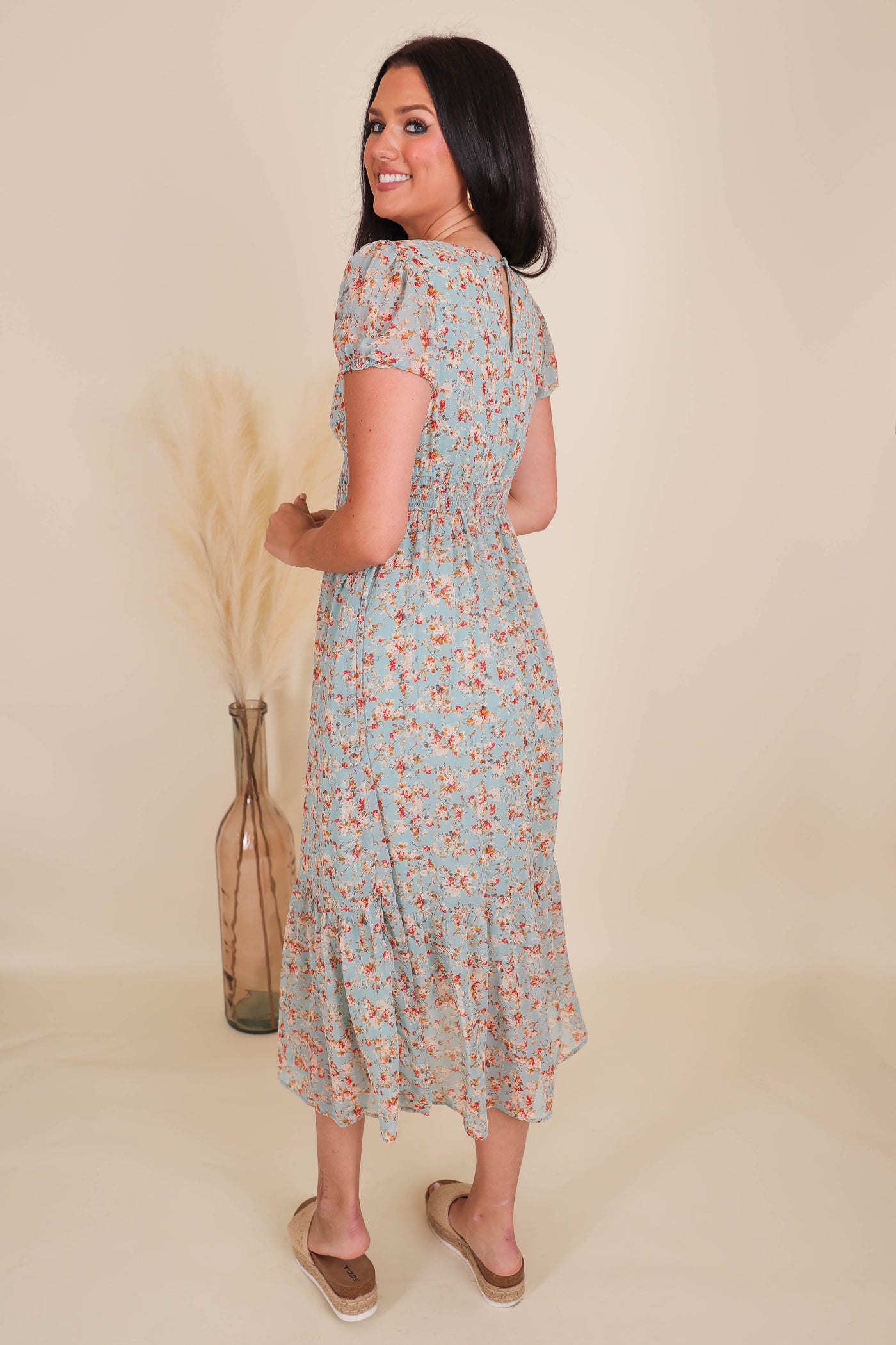Floral Print Midi Dress- Women's Cottagecore Dresses- Women's Conservative Dresses