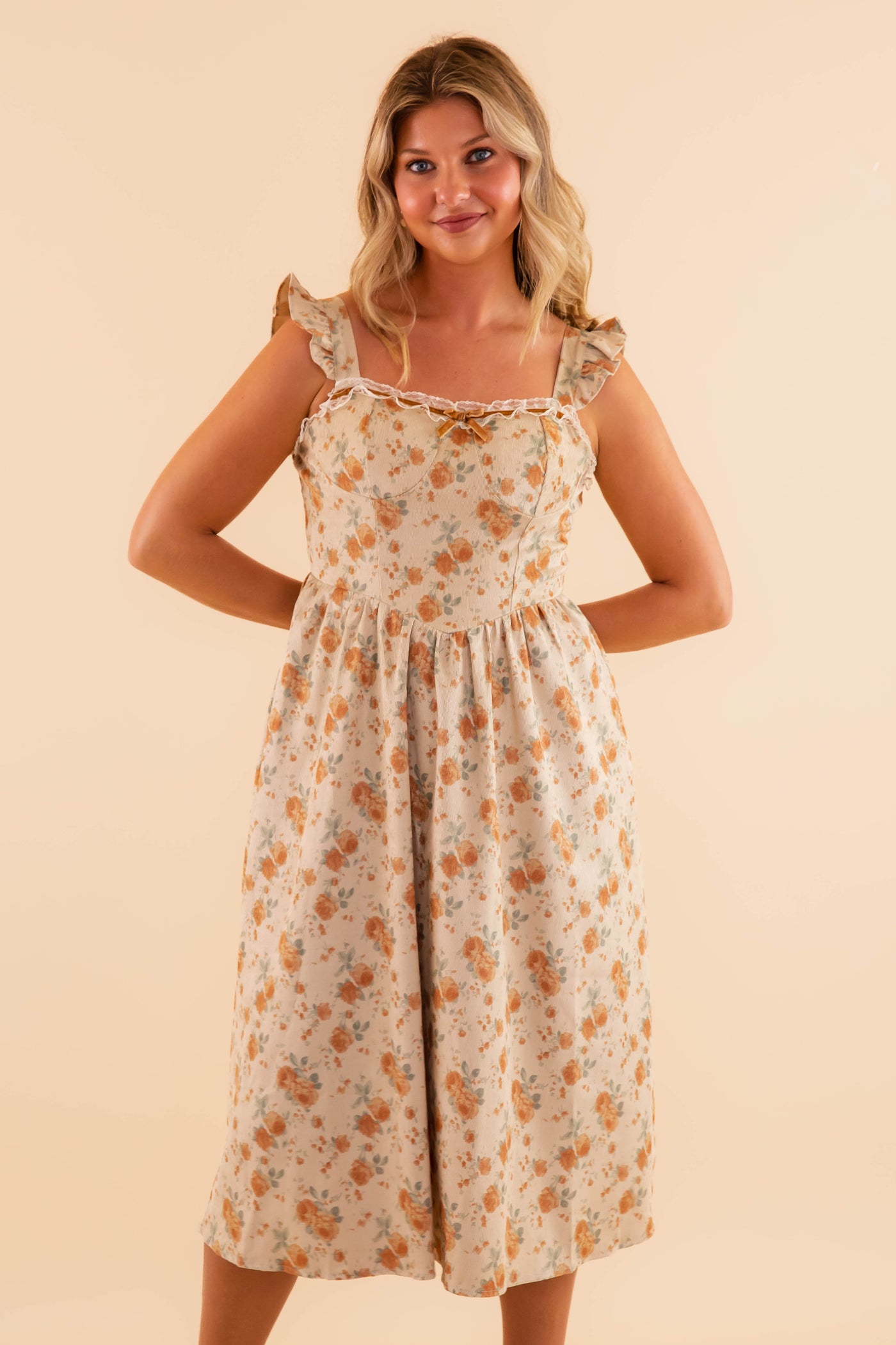 Floral Corduroy Dress With Bow And Ruffles- Feminine Maxi Dress for Women- Rosie Posie Dresses