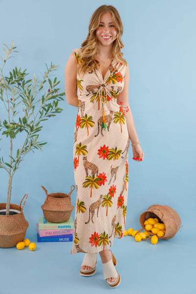 Women's Chic Safari Dress- Cheetah and Palm Tree Dress- En Creme Cheetah Dress