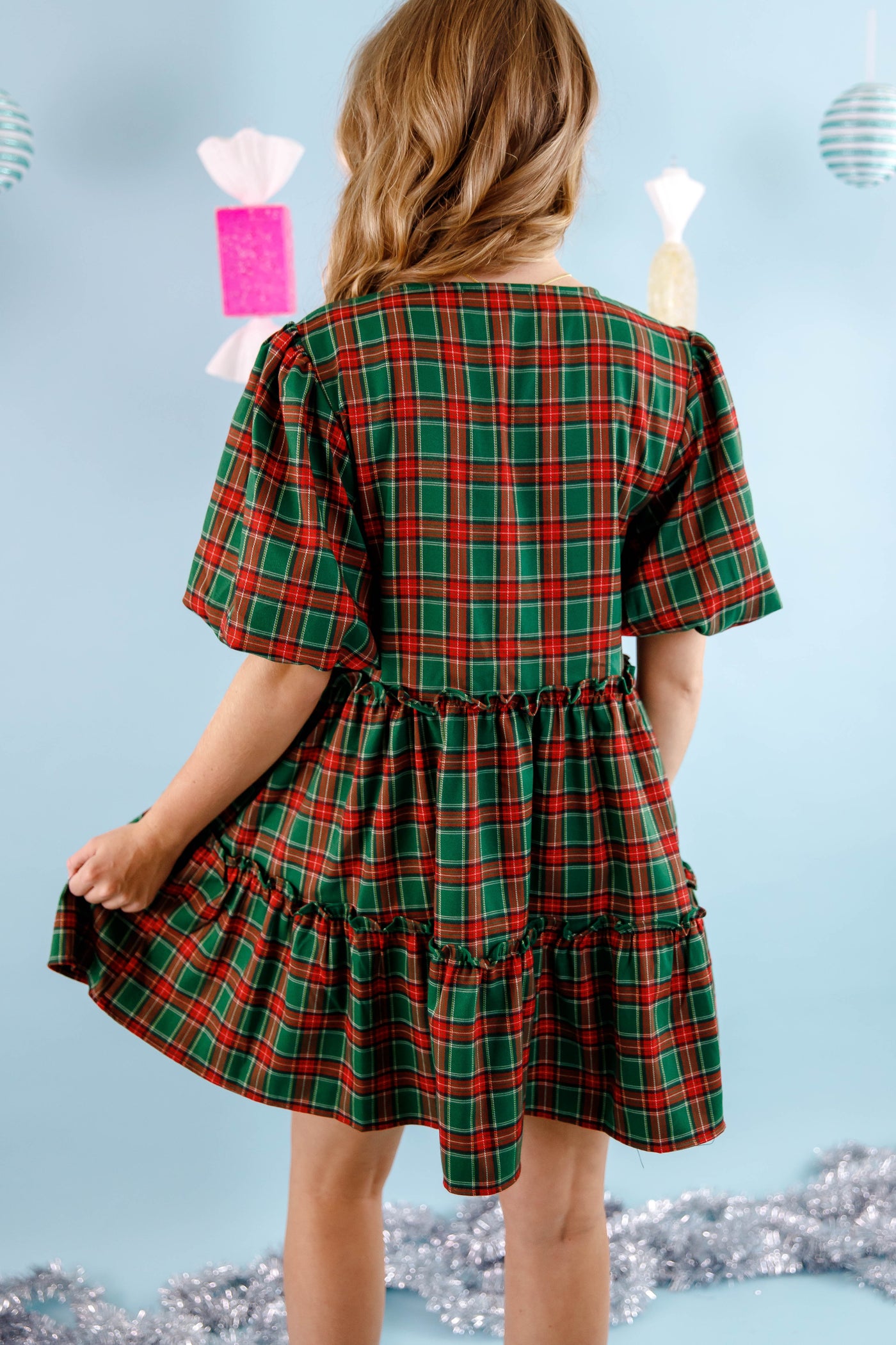 Green Tartan Plaid Dress- Women's Plaid Holiday Dress- PeachLove Christmas Dress