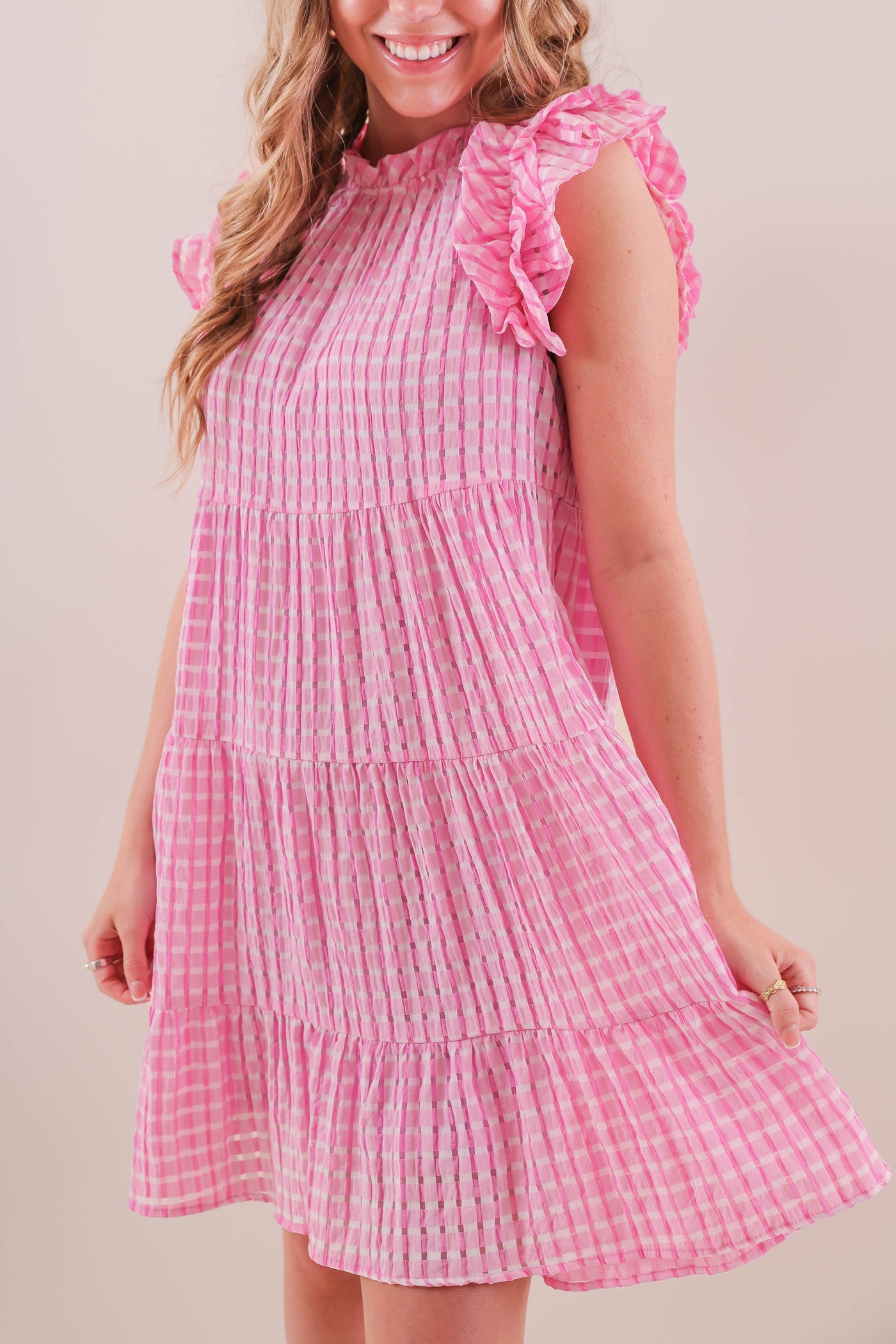 Women's Pink Gingham Dress- Women's Pink and White Seersucker Dress- Entro Dresses