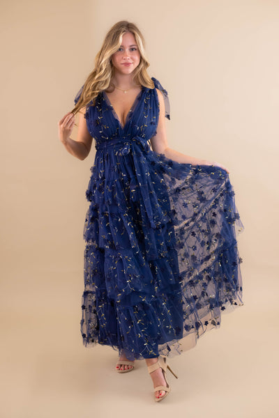 Navy Blue Tulle Maxi Dress- 3D Flower Maxi Dress- Elegant Tulle Flower Maxi Dress