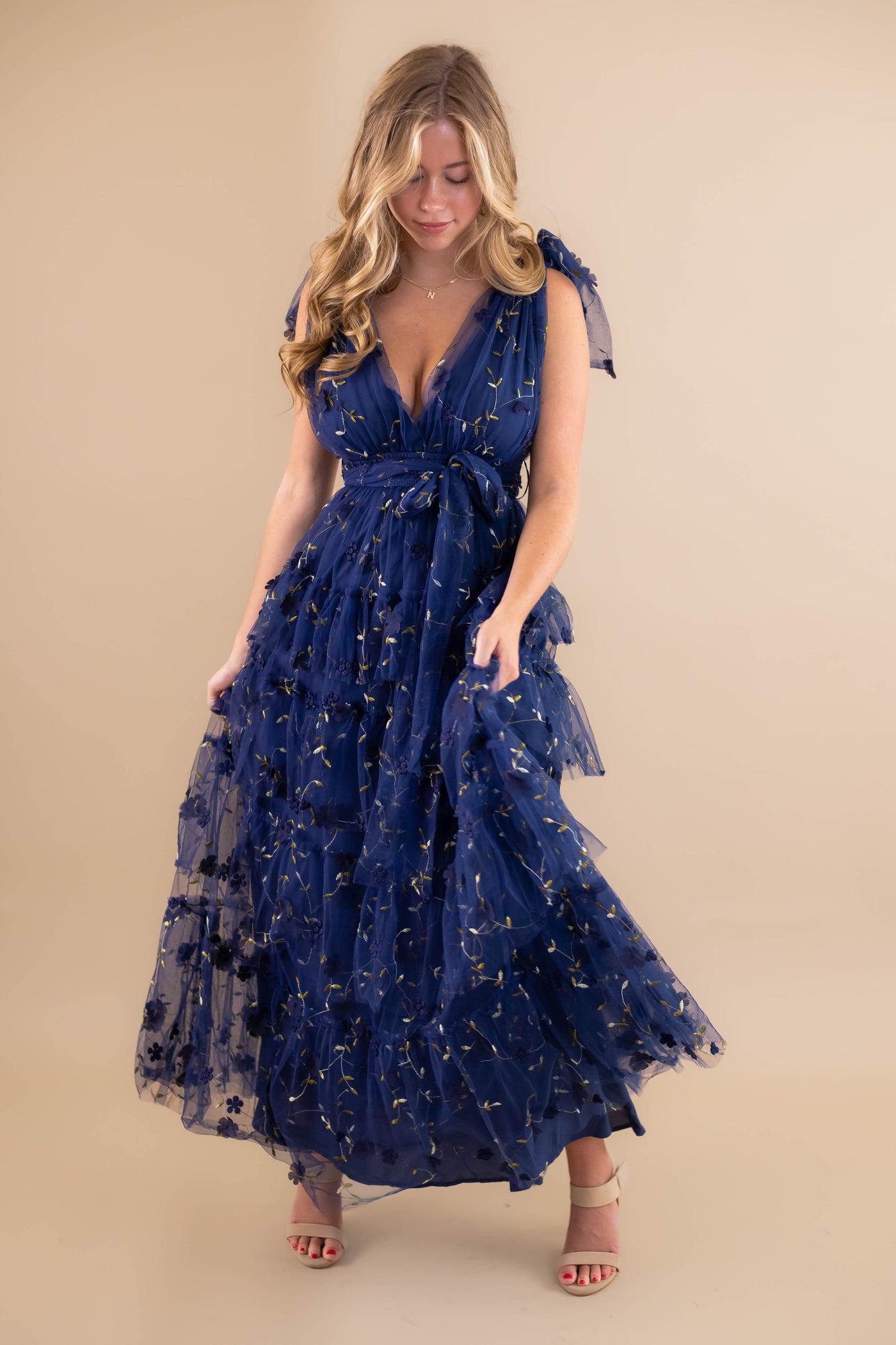 Navy Blue Tulle Maxi Dress- 3D Flower Maxi Dress- Elegant Tulle Flower Maxi Dress