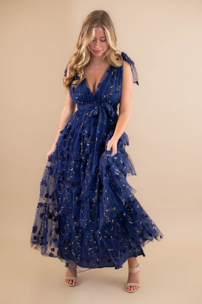 Navy Blue Tulle Maxi Dress- 3D Flower Maxi Dress- Elegant Tulle Flower Maxi Dress