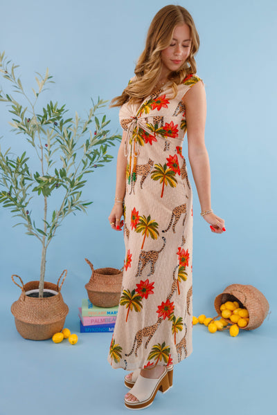 Women's Chic Safari Dress- Cheetah and Palm Tree Dress- En Creme Cheetah Dress