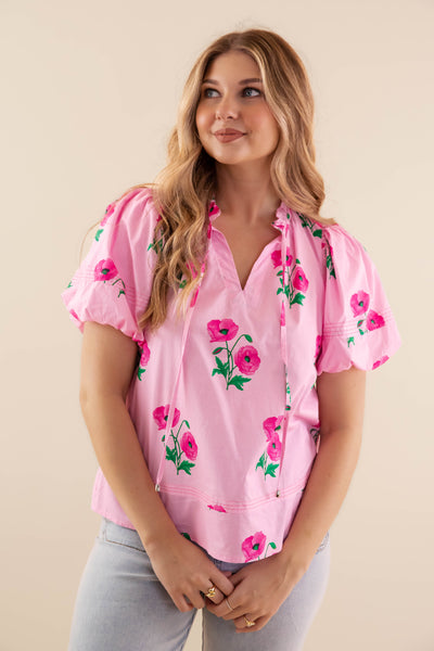 Women's Pink Cotton Blouse- Floral Print Cotton Top- Entro Flower Tops