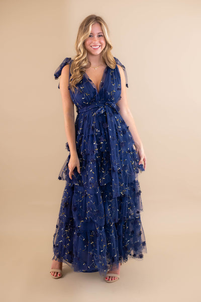 Navy Blue Tulle Maxi Dress- 3D Flower Maxi Dress- Elegant Tulle Flower Maxi Dress