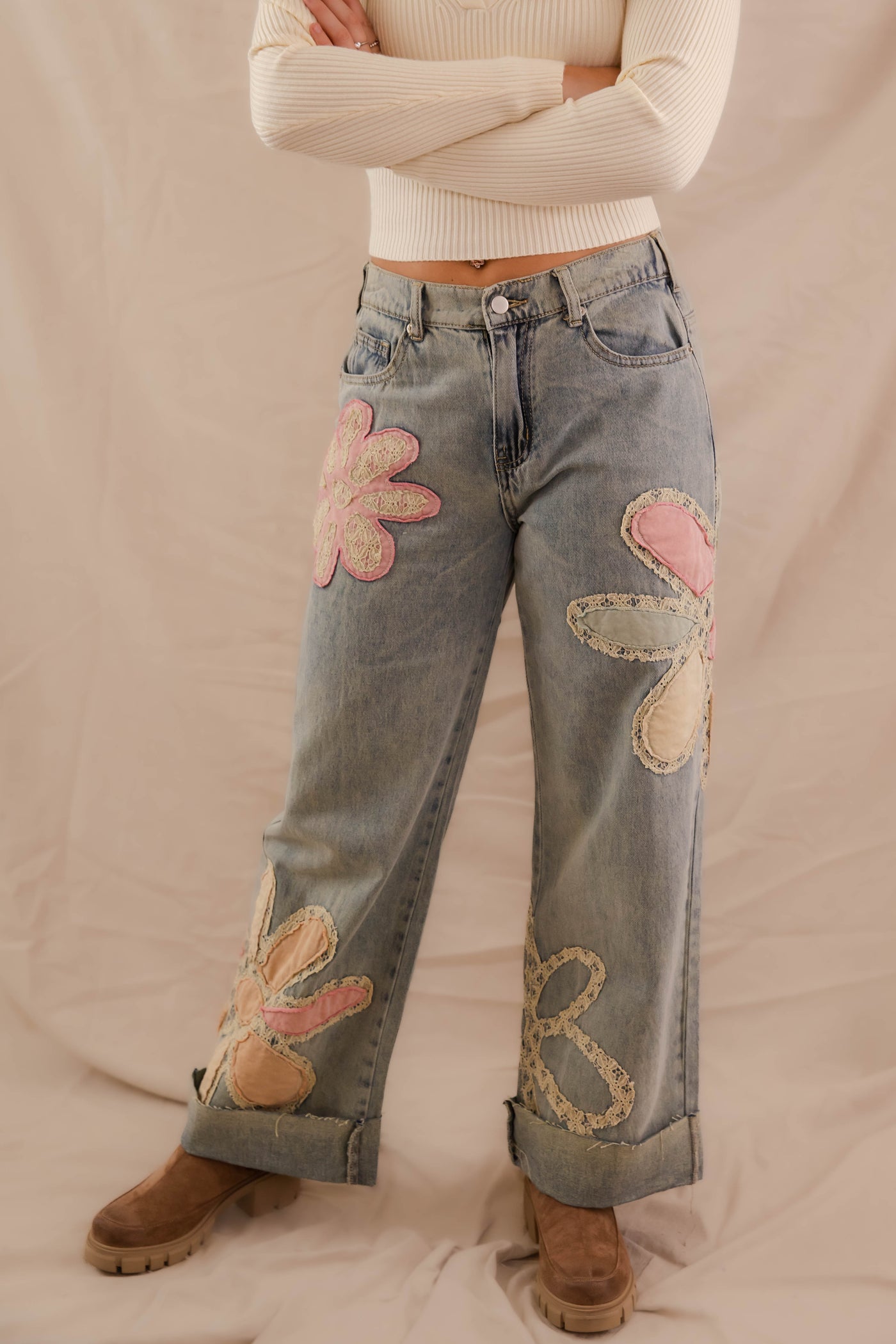 Floral Patchwork Jeans- Wide Leg Patchwork Denim- Oli and Hali Floral Jeans