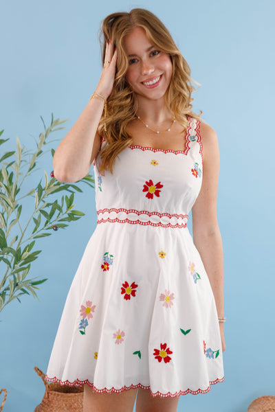 Embroidered Floral Mini Dress- White Summer Floral Dress- Mable Vacation Dress