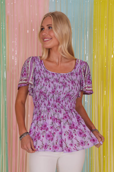 Purple Printed Blouse- Women's Cute Tops- In Loom Blouse