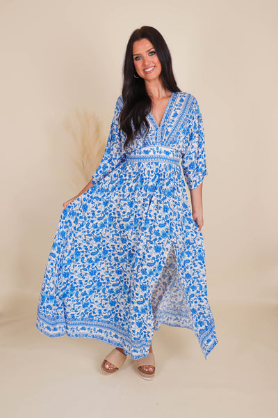 Women's Blue Print Dress- Women's Vacation Maxi Dress- Aakaa Maxi Dress